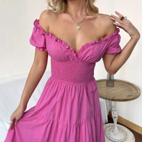 Pink Boho Off Shoulder Flounce Sleeve shabby chic Shirred cottagecore Max… - Picture 3 of 5